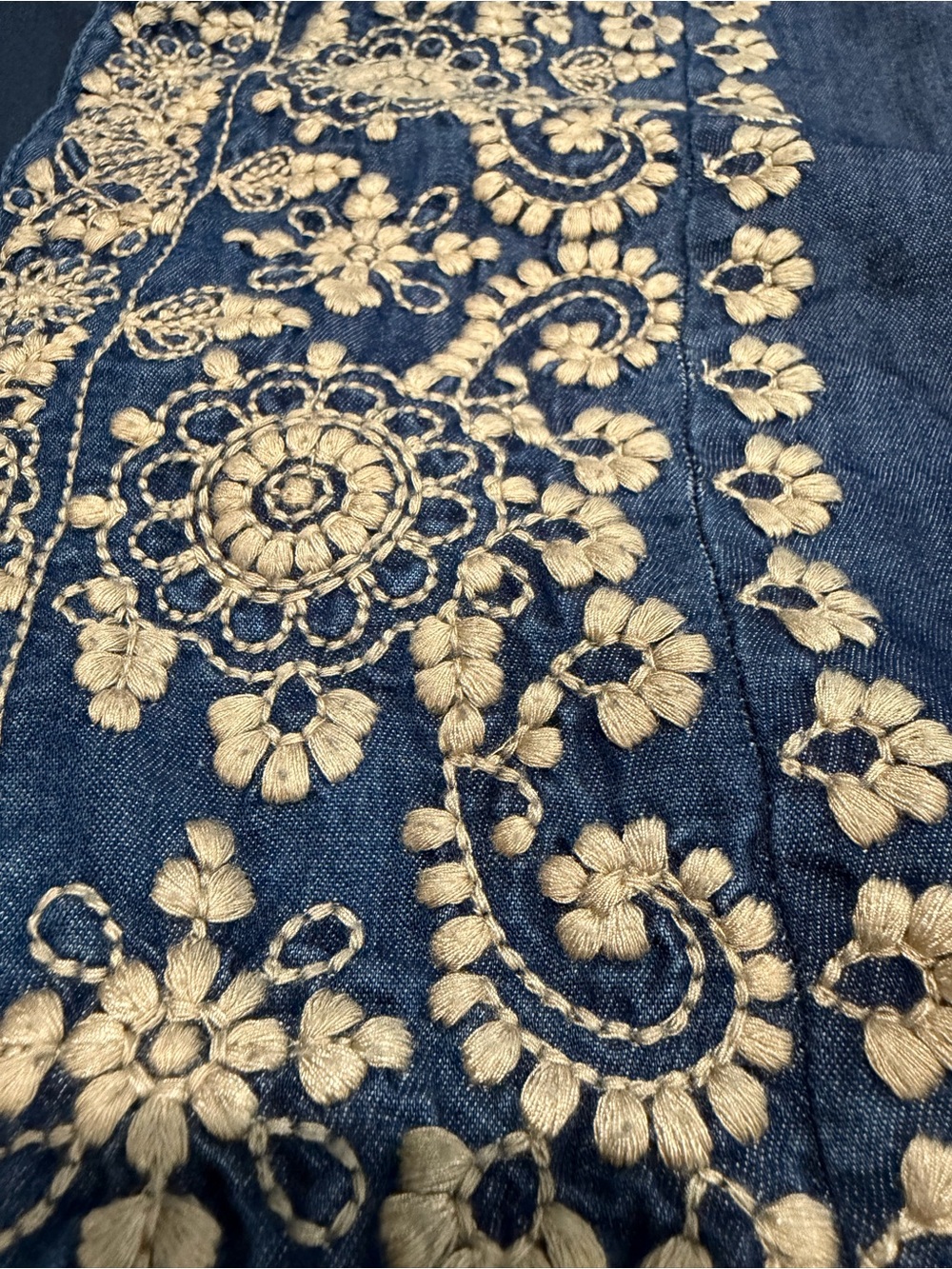 Rock Flower Paper Blue Jean Beige Embroidered Floral Women's Dress Lightweight - Picture 5 of 11